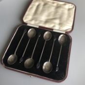 CASED SET OF SIX 1920s ART DECO SOLID SILVER COFFEE SPOONS - HALLMARKED 1927
