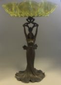 Antique Tall Art Nouveau metal figurine lady holding green crystal glass bowl