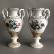 PAIR late Meissen porcelain snake handled vases hand painted floral panels 28cm