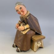 Vintage Anri Italy Folk Art Hand-Carved Wooden Figure - Lady with bird