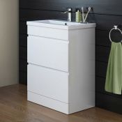 (Y86) 600mm Trent High Gloss White Double Drawer Basin Cabinet - Floor Standing. RRP £499.99.