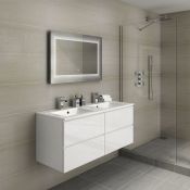 (Y196) 1200mm Trevia High Gloss White Double Basin Cabinet - Wall Hung. RRP £1,249. Contemporary