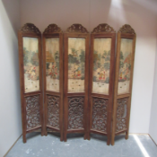 5 Panel Chinese Screen With Painted Panels Over A Fretwork Panel And Beneath A Carved Frieze