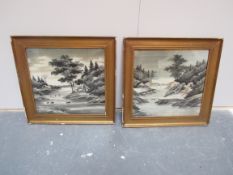 Pair of decorative pictures of Chinese villages in gilt frames
