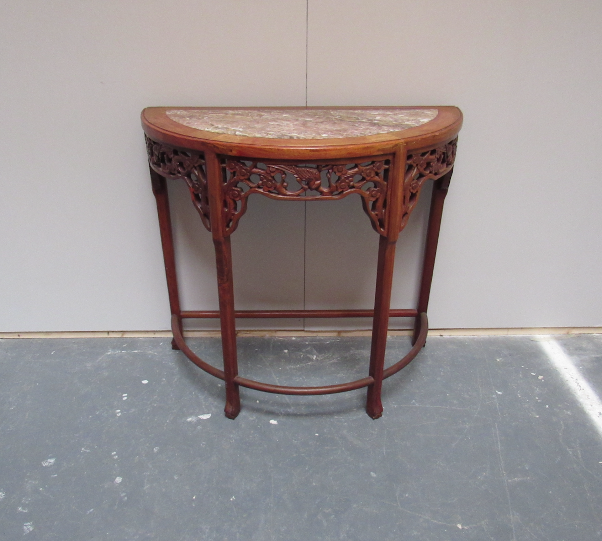 Demi Lune Marble Topped Console Table With Carved Frieze On A Square Tapering Leg