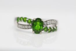 9ct White Gold Ladies Ring, Set With Diamonds and Green Coloured Stones