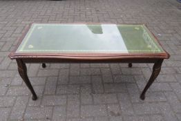 Mid Century Leather Inlaid Coffee Table With Glass Top