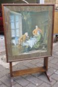 Vintage Wooden Fire Screen With Parlour Scene