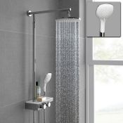 (E138) 220mm Round White & Chrome Head Thermostatic Exposed Shower Kit, Handheld & Storage Shelf.