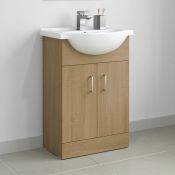 (M73) 550x300mm Quartz Oak Effect Built In Basin Cabinet. COMES COMPLETE WITH BASIN. Gloss White