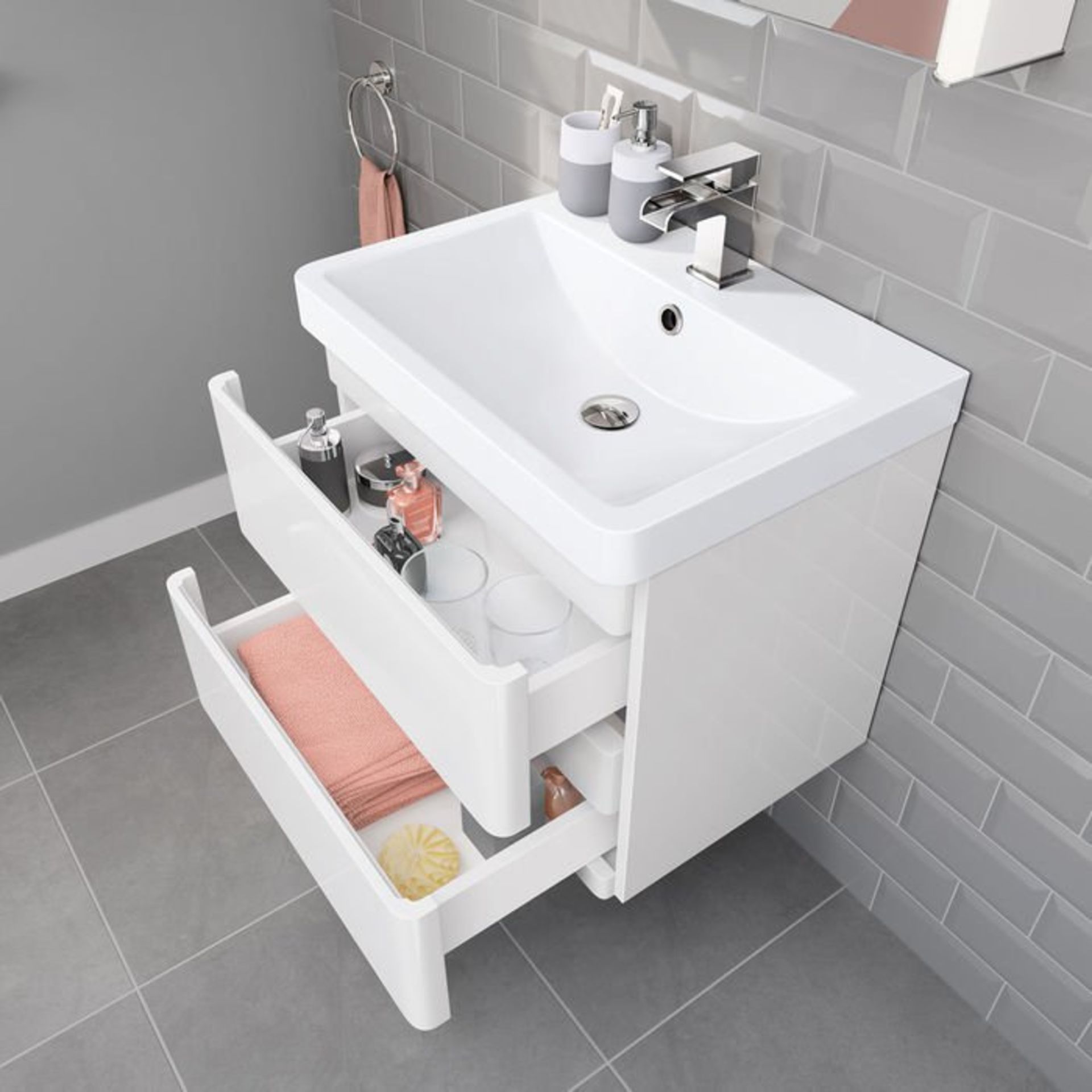 (M4) 600mm Denver II Gloss White Built In Basin Drawer Unit - Wall Hung. RRP £499.99. COMES COMPLETE - Image 2 of 5