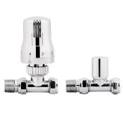 (M152) 15mm Standard Connection Thermostatic Straight Chrome Radiator Valves. Chrome Plated Solid