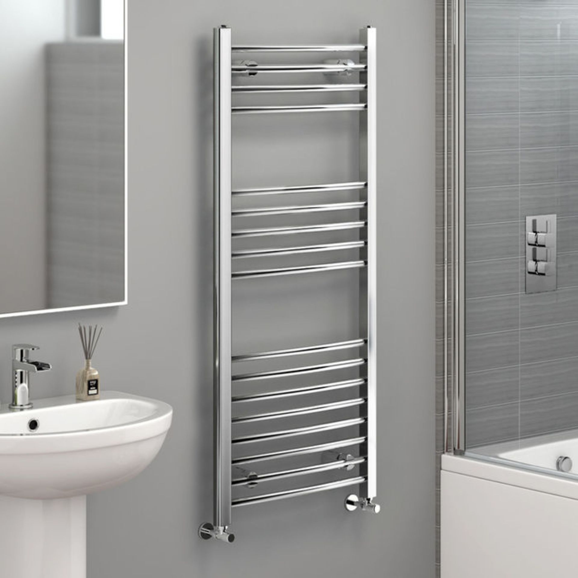 (M11) 1200x500mm - 20mm Tubes - Chrome Curved Rail Ladder Towel Radiator. Low carbon steel chrome