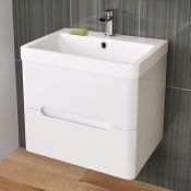 (M125) 400mm Tuscany Gloss White Double Drawer Basin Unit - Wall Hung. RRP £474.99. COMES COMPLETE