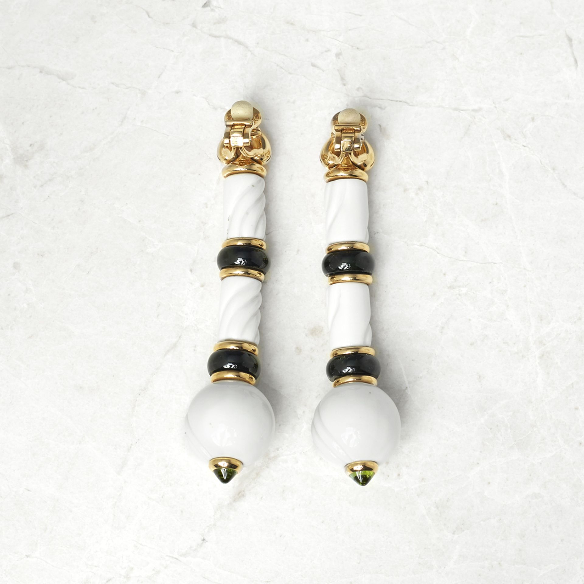 Bulgari 18k Yellow Gold & Porcelain Green Tourmaline Chandra Earrings - Image 2 of 9
