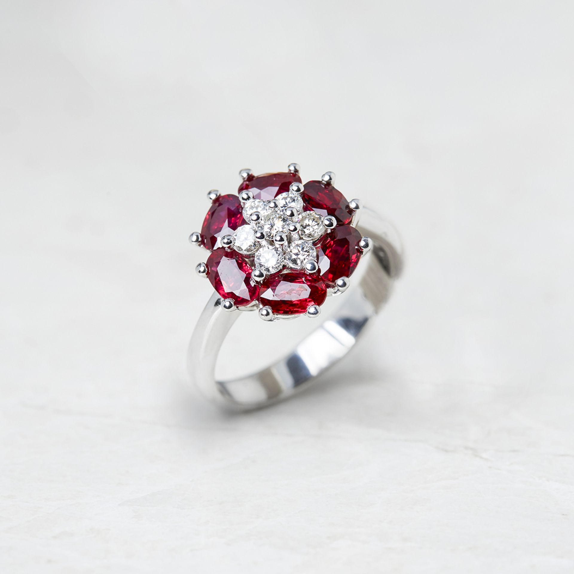 Camdame 18k White Gold 0.60ct Ruby & 0.25ct Diamond Floral Design Ring