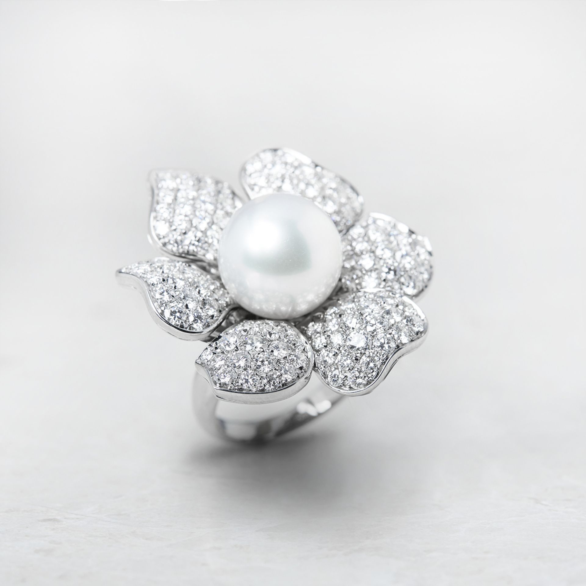 Picchiotti 18k White Gold South Sea Pearl & 3.60ct Diamond Flower Design Cocktail Ring