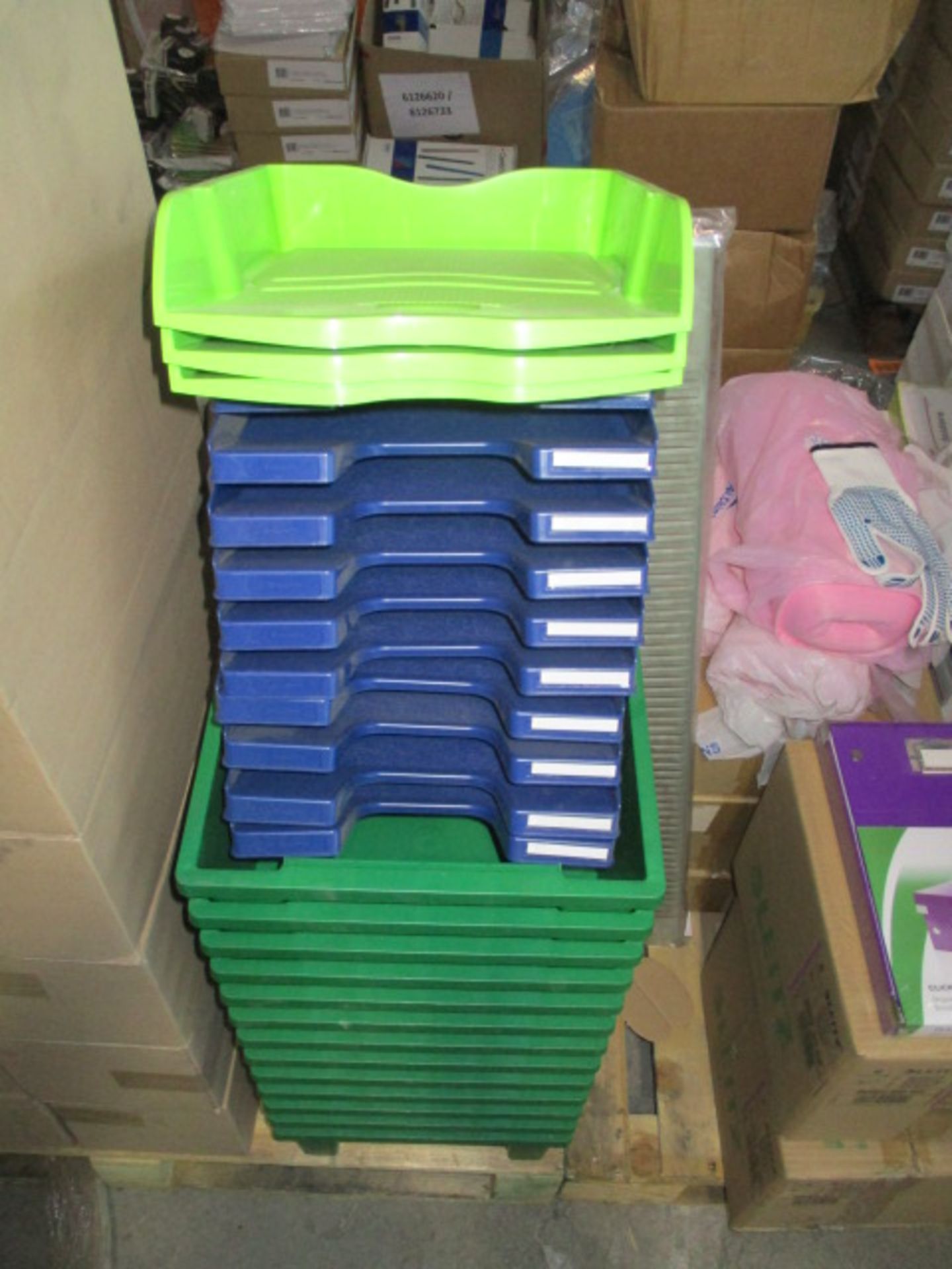 Large assortment as pictured of Brand new offoce trays and plastic stacking containers