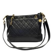 Chanel Double Strap Lambs Leather Black Vintage Shoulder Bag
