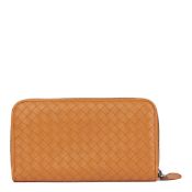 Bottega Veneta Orange Woven Calfskin Leather Zip Around Wallet