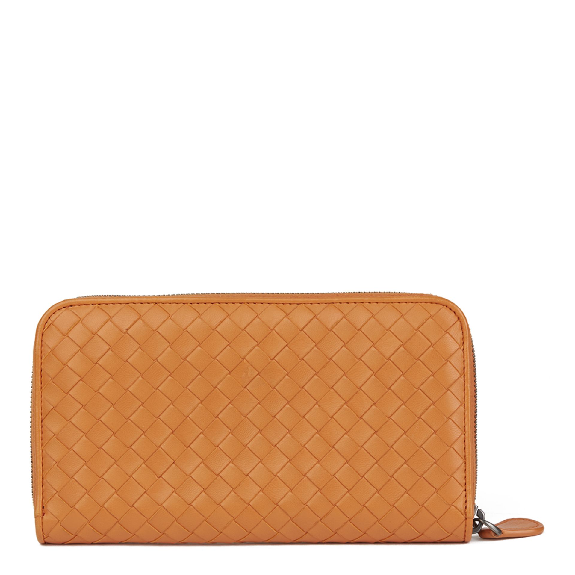 Bottega Veneta Orange Woven Calfskin Leather Zip Around Wallet