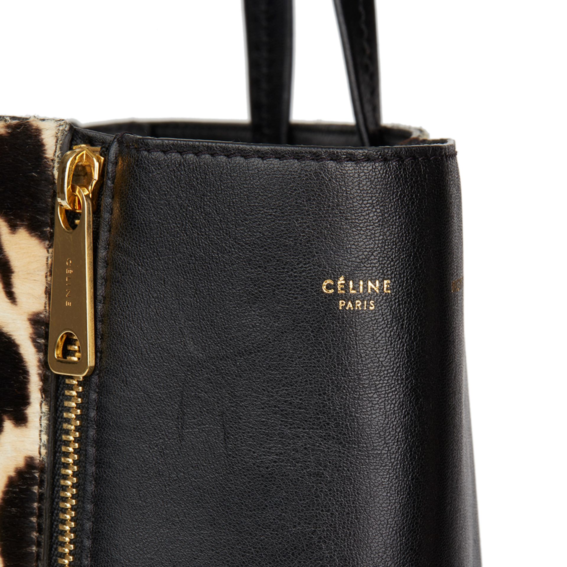 Céline Black Lambskin & Leopard Pony Fur Vertical Gusset Cabas Tote - Bild 6 aus 10