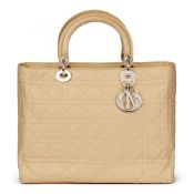 Christian Dior Beige Quilted Satin & Patent Leather Lady Dior GM