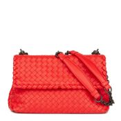 Bottega Veneta Vesuvius Red Woven Calfskin Leather Small Olimpia Bag