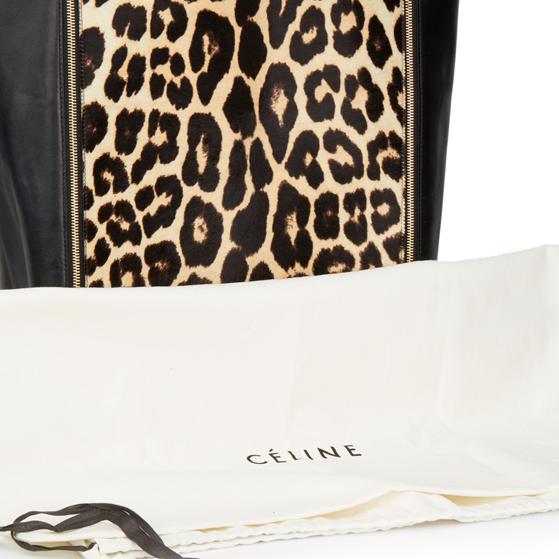 Céline Black Lambskin & Leopard Pony Fur Vertical Gusset Cabas Tote - Image 10 of 10