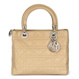 Christian Dior Beige Quilted Satin & Patent Leather Lady Dior MM