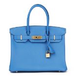 Hermès Blue Hydra & Gris Mouette Chevre Mysore Leather Special Order Birkin 30cm