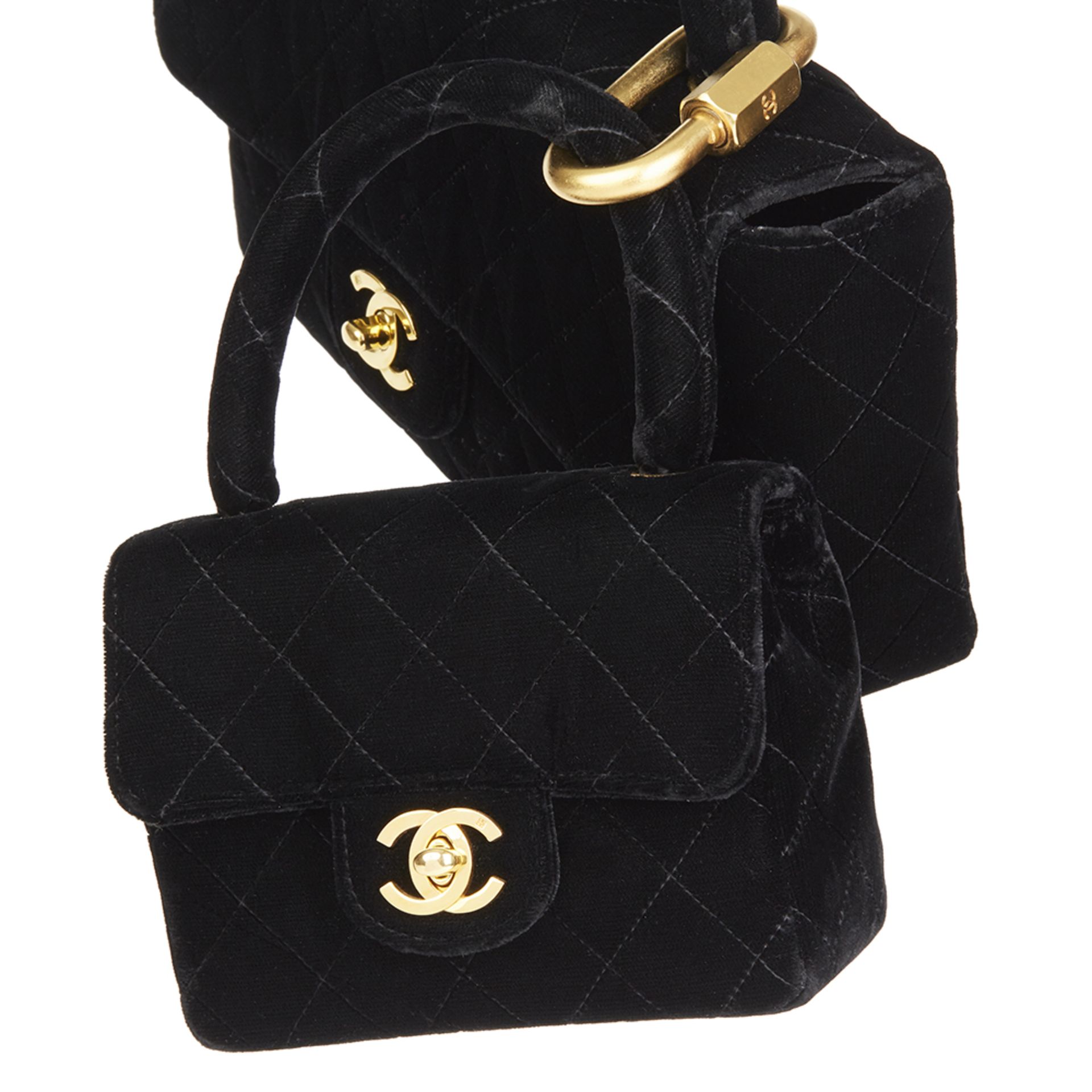 Chanel Black Quilted Velvet Vintage Medium Kelly Flap Bag Mini Charm Set - Image 7 of 12