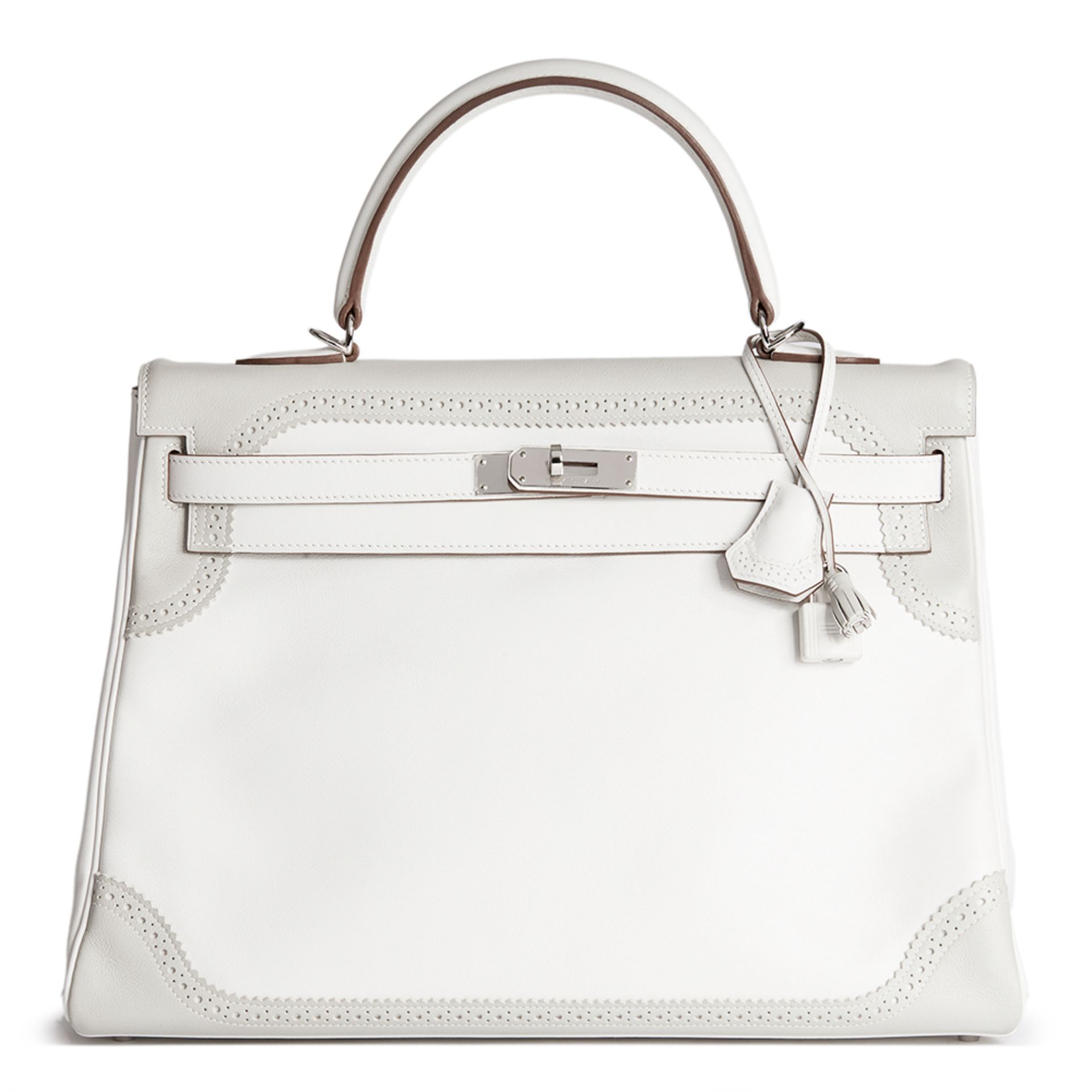 Hermès White & Gris Perle Swift Leather Ghillie Kelly 35cm Retourne