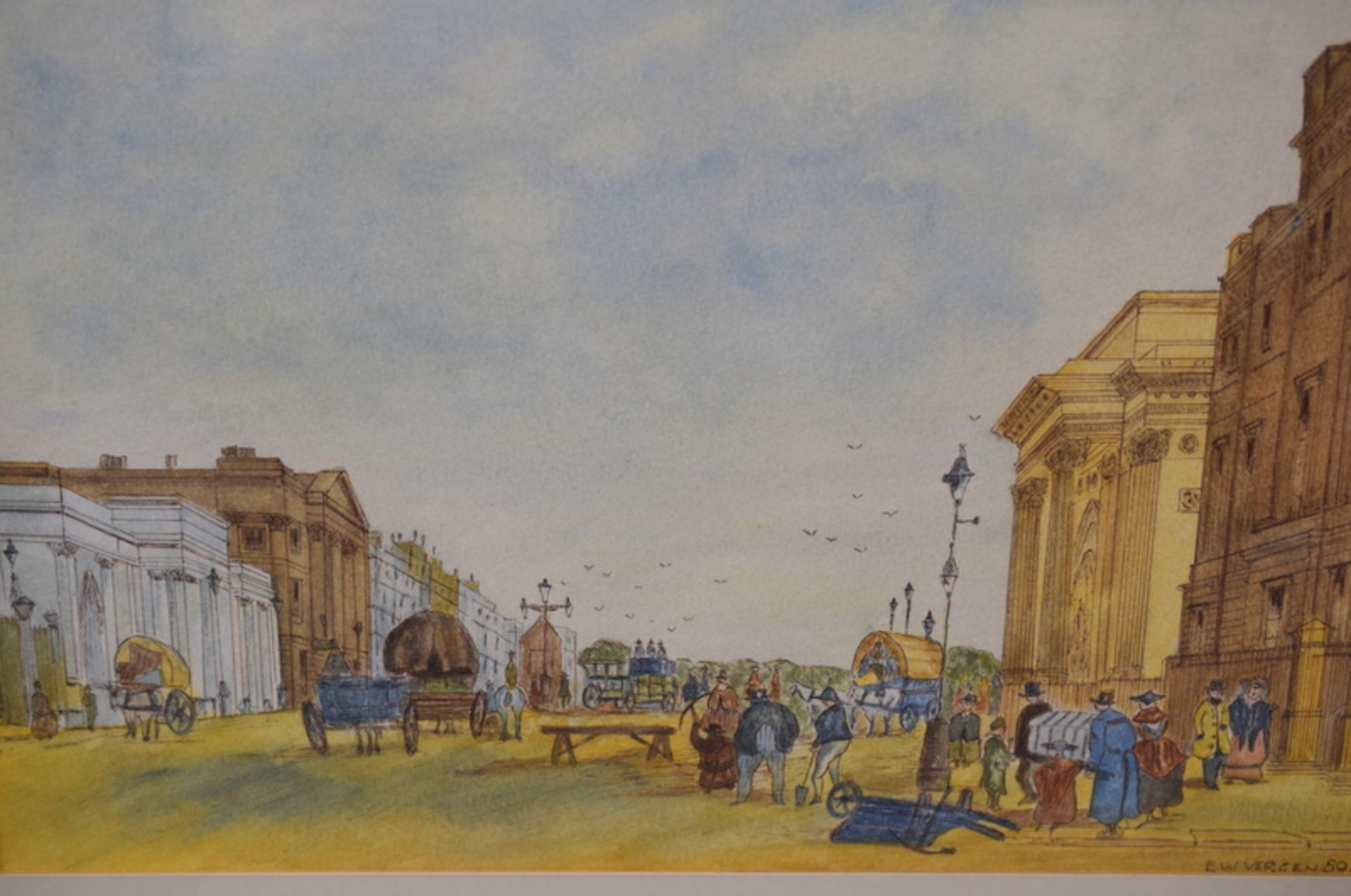 Pen And Watercolour Painting Of Street Scene By E.W.Vergan 80 - Bild 2 aus 3