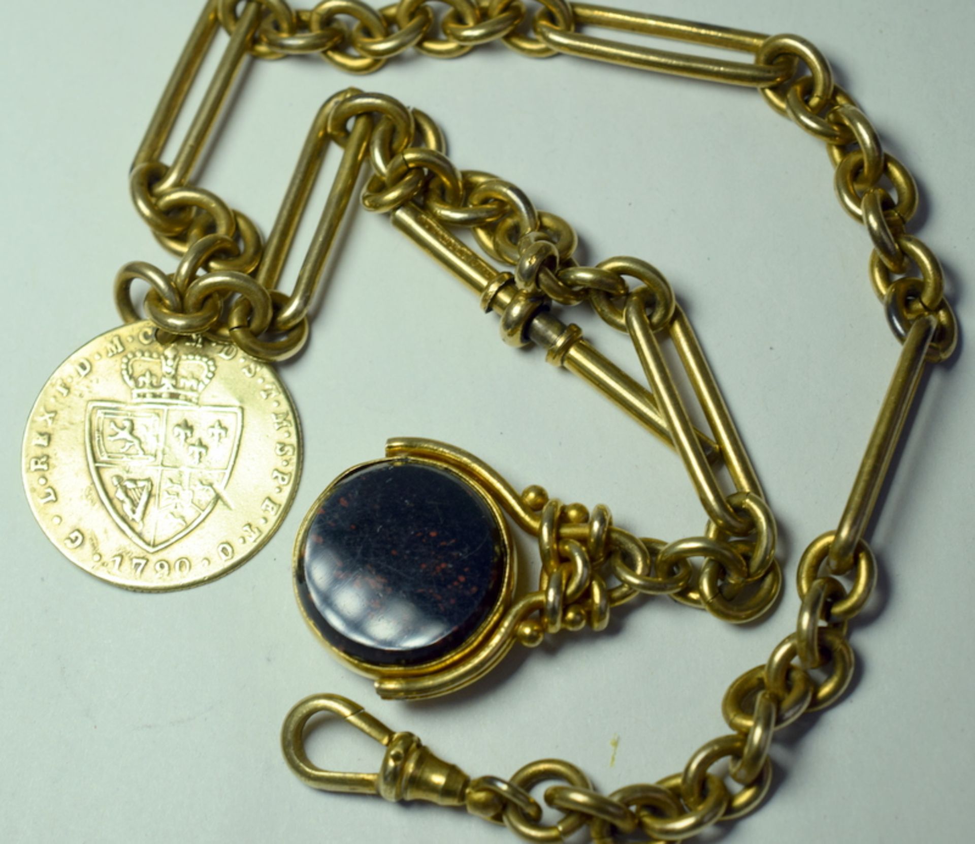 Yellow Metal Albert Chain With T Bar, Coin & Fob - Image 2 of 3