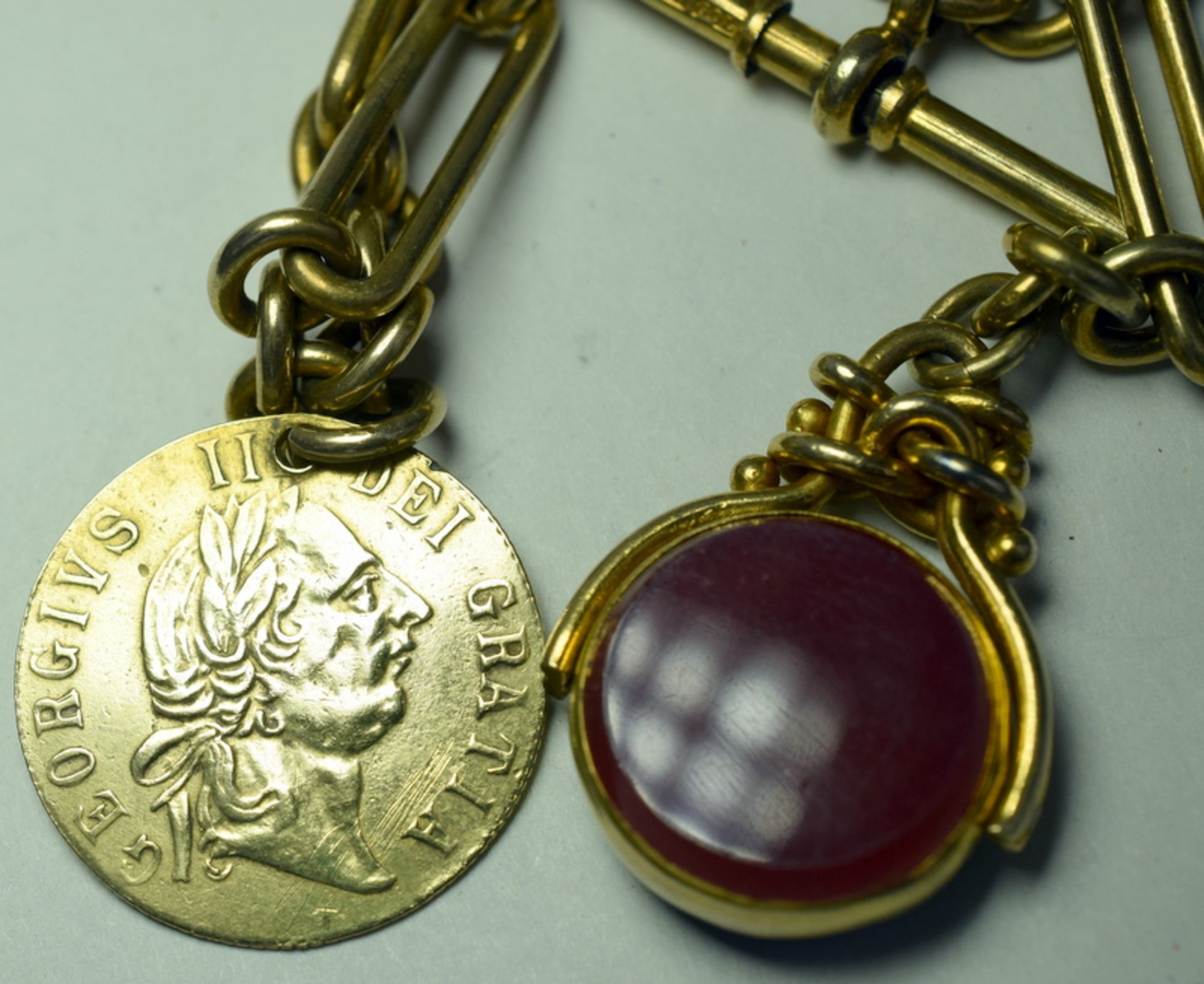 Yellow Metal Albert Chain With T Bar, Coin & Fob - Image 3 of 3