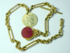 Yellow Metal Albert Chain With T Bar, Coin & Fob