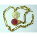 Yellow Metal Albert Chain With T Bar, Coin & Fob