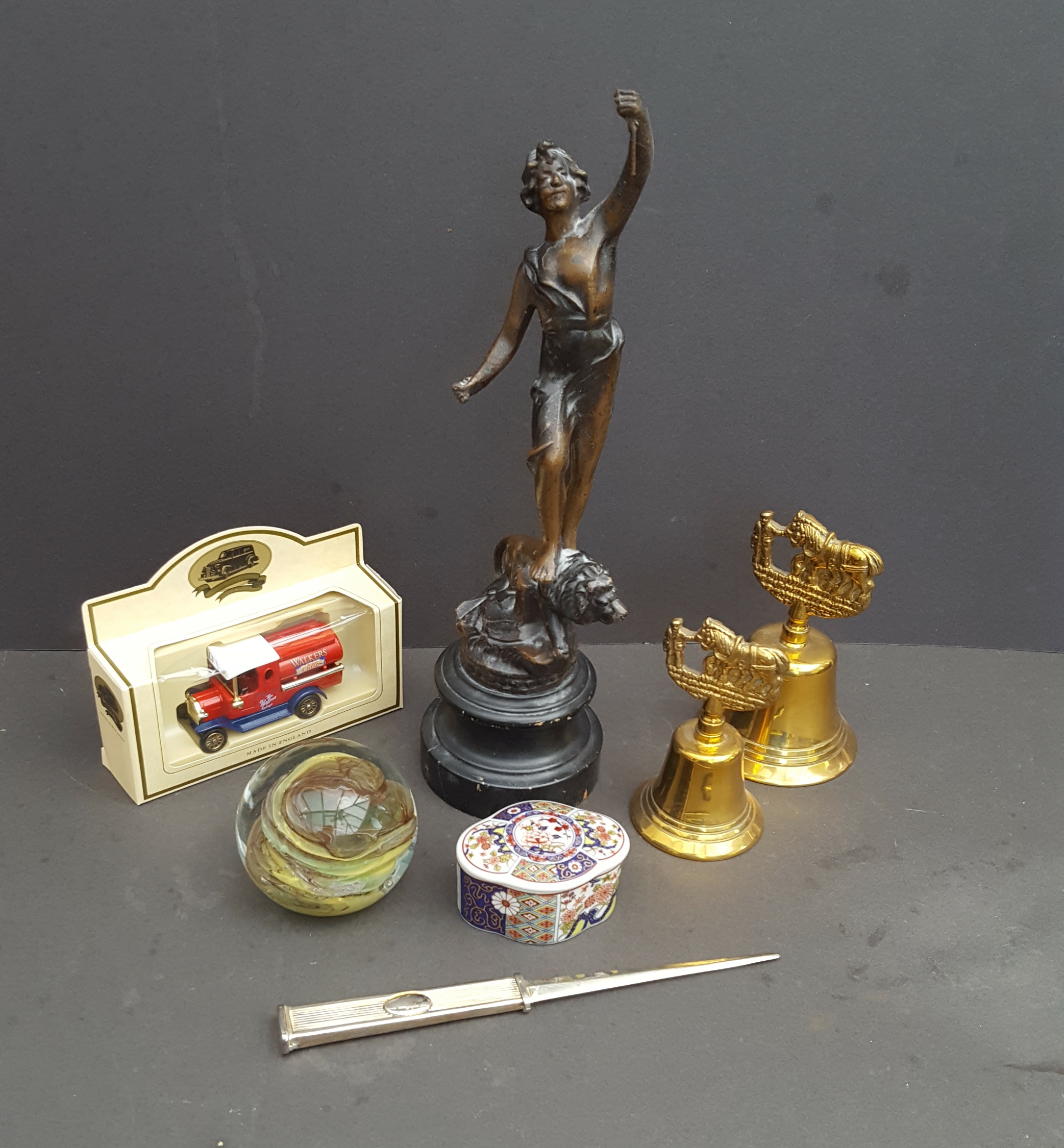 Vintage Retro Parcel of Collectables Includes Spelter Statue Paperweight & Brass Bells NO RESERVE