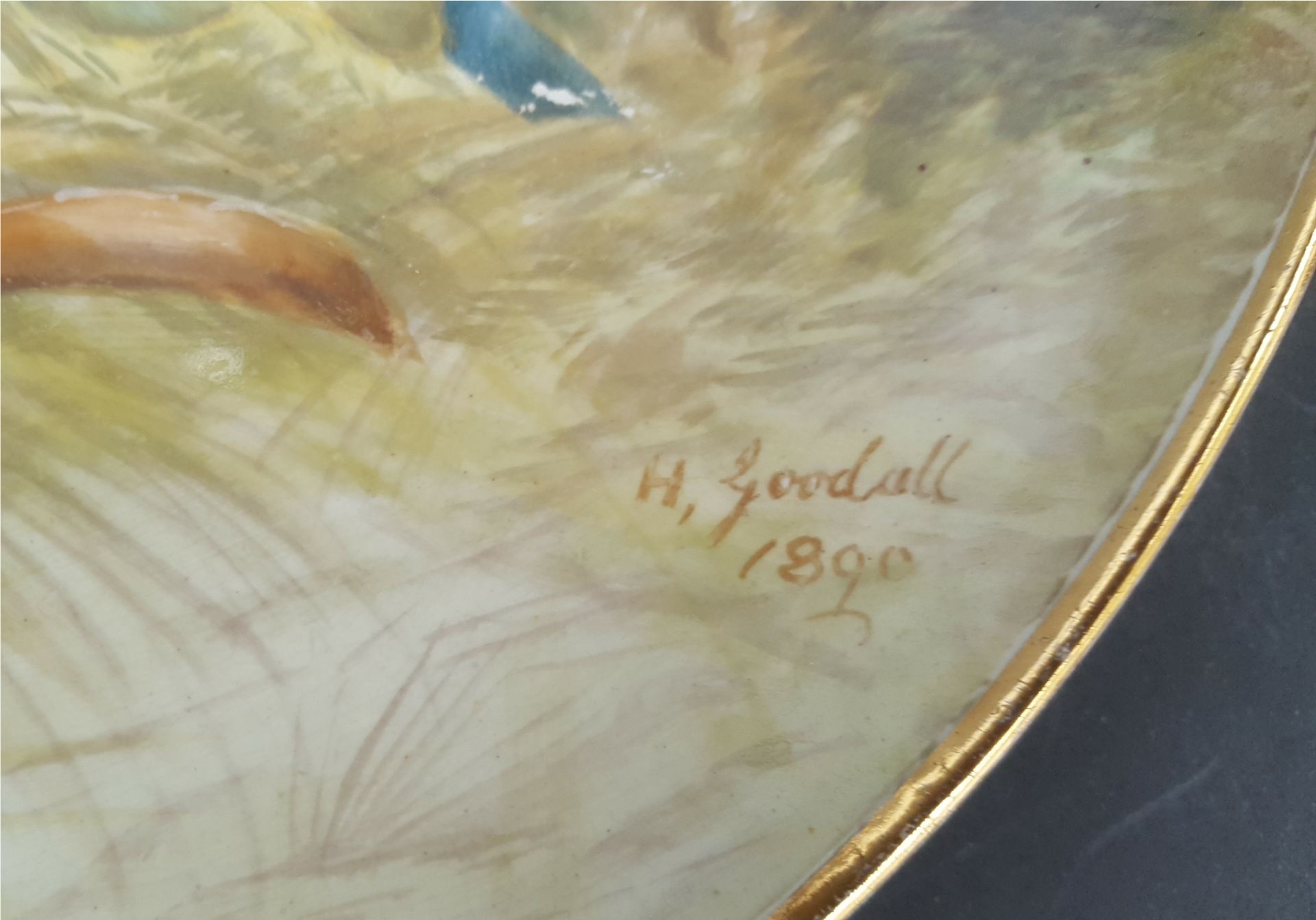 Antique Handpainted Wall Plaque Birds Signed H Goodall 1890 Blue Tits - Bild 2 aus 3