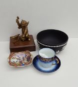 Vintage Retro Items Black Wedgwood Jasper Bowl Flow Blue Moustache Cup & Brass Figure NO RESERVE