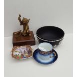 Vintage Retro Items Black Wedgwood Jasper Bowl Flow Blue Moustache Cup & Brass Figure NO RESERVE