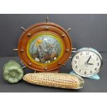 Vintage Kitsch Retro Ships Wheel Table Light & Ceramic Fruit & Veg