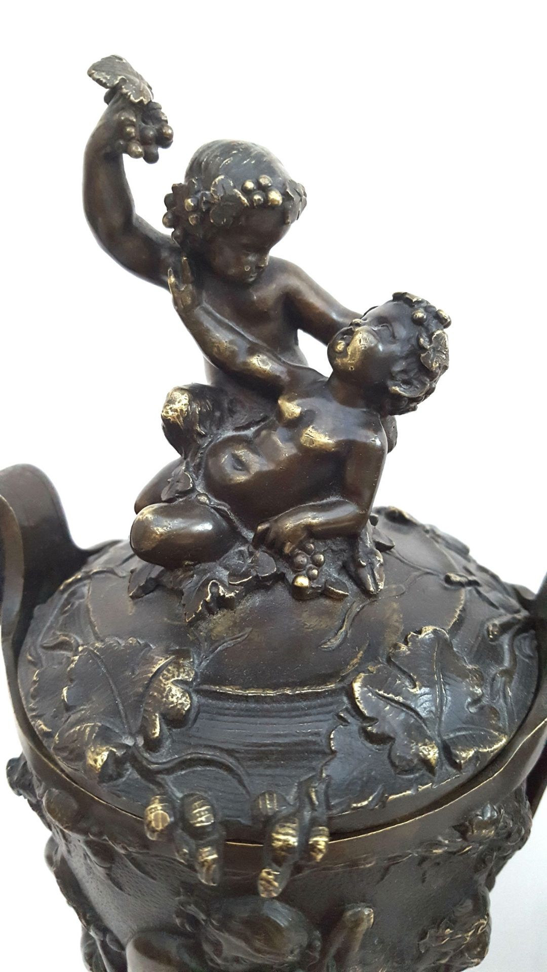 Antique 2 Bronze Lidded Vases On Slate Plinths Depicting Fauns Ram Lion Bacchus & Grape Vines - Image 2 of 5