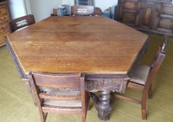 Antique Vintage Victorian Hexagonal Oak Dining Table Bobbin Stretchers & Four Chairs