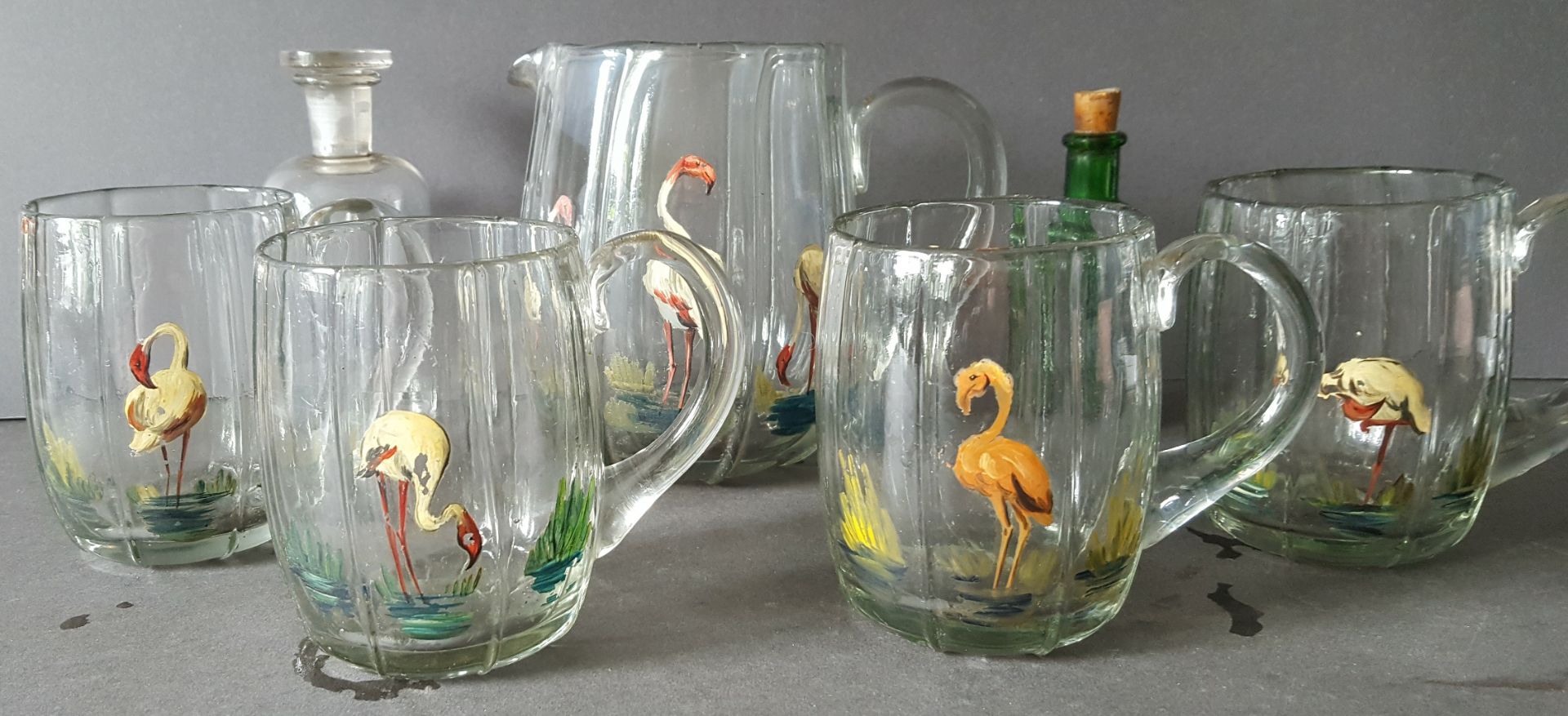 Antique Vintage Retro Hand Made & Hand Painted Jug & 4 Matching Glasses Plus 2 Collectable Bottles - Image 2 of 3