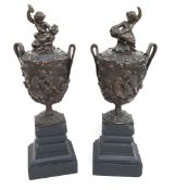 Antique 2 Bronze Lidded Vases On Slate Plinths Depicting Fauns Ram Lion Bacchus & Grape Vines