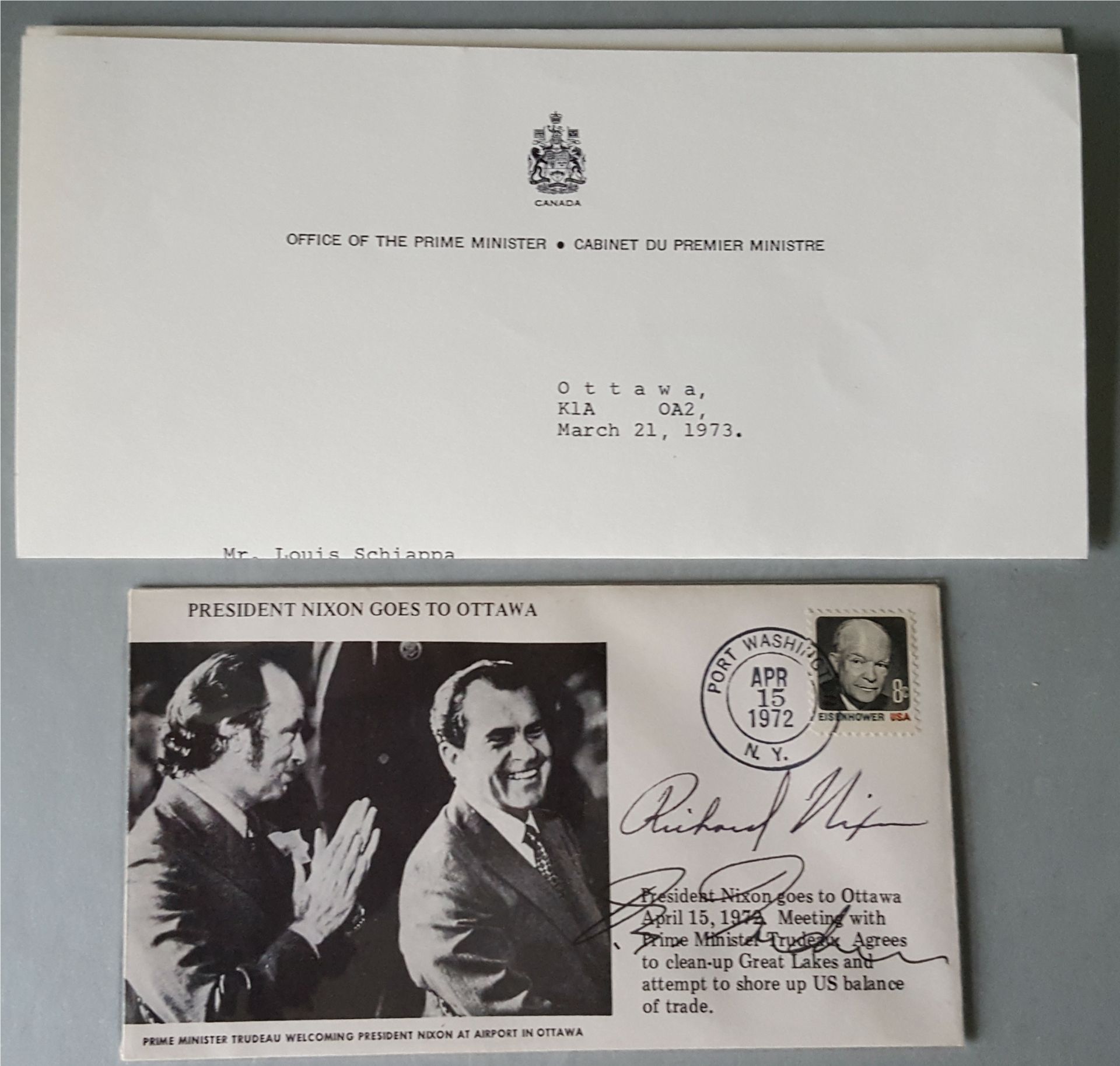 Vintage Autographs USA President Richard Nixon & Canada Pierre Trudeau on First Day Cover 1972