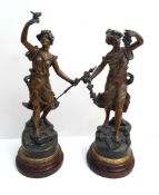 Antique 2 x Spelter Figures on Wood Plinths