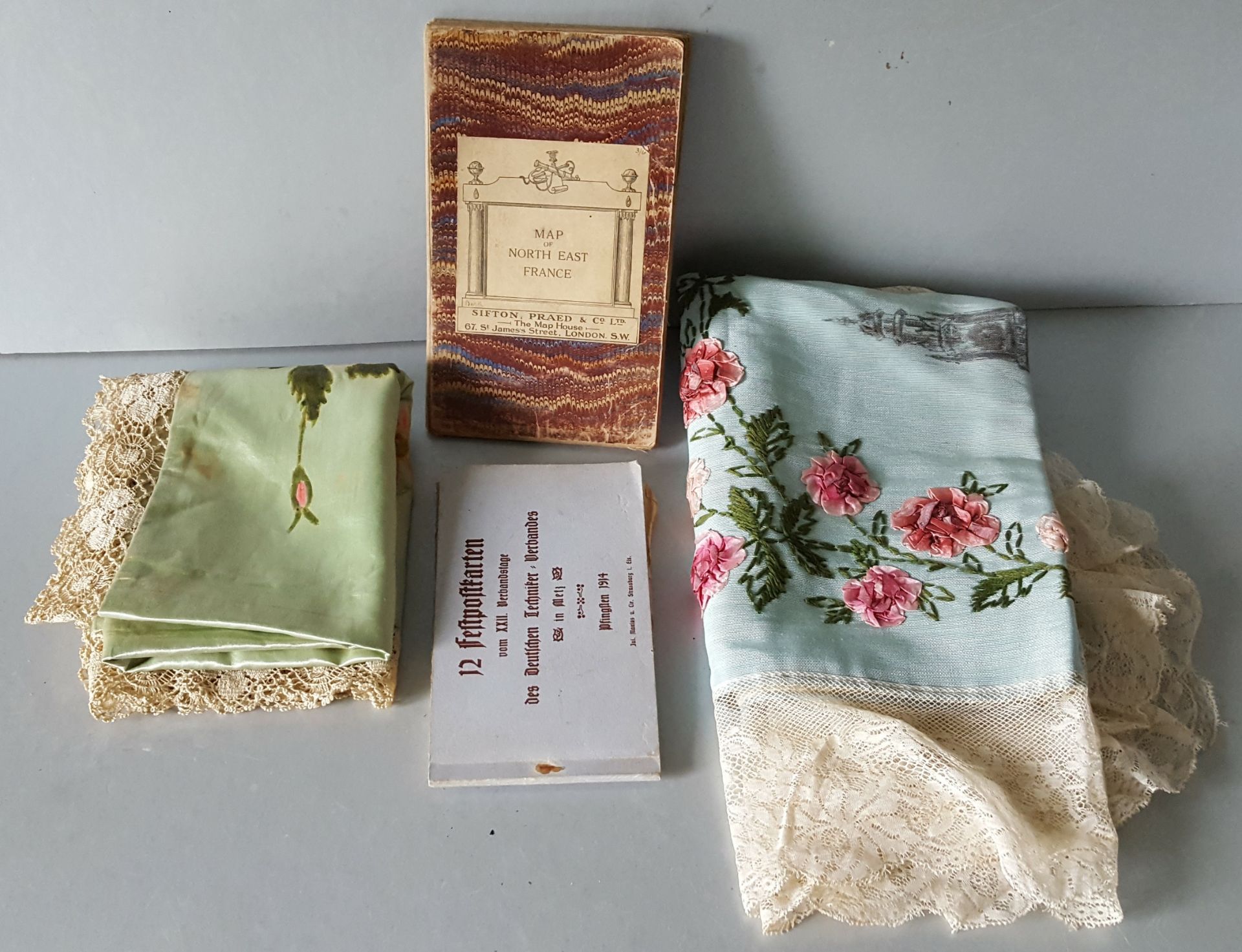 Military WWI Memorabilia. Includes Table Covers Postcard Map Memorial Service Etc